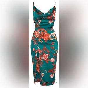 Emerald green floral strappy satin cowl midi dress